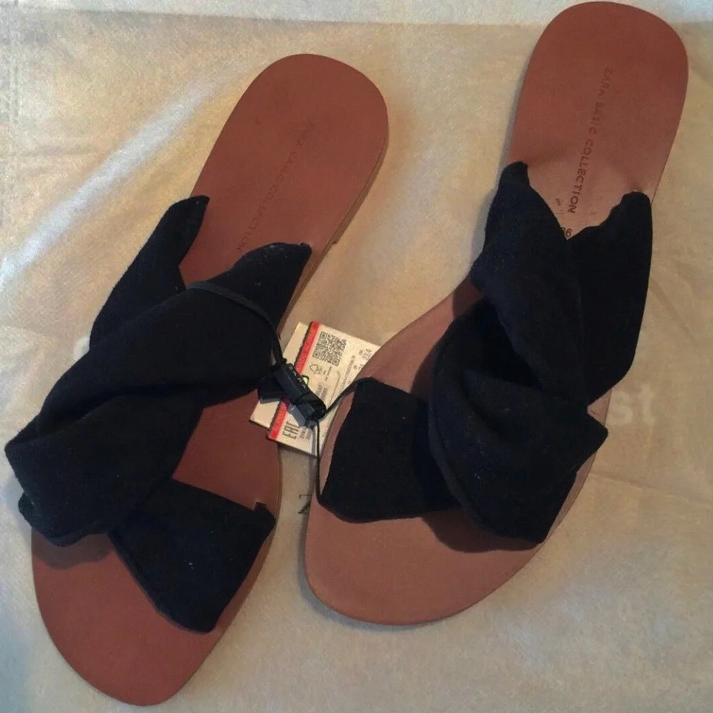 🤍 ZARA Black Knot Detail Leather Suede Sandals - Picture 7 of 7
